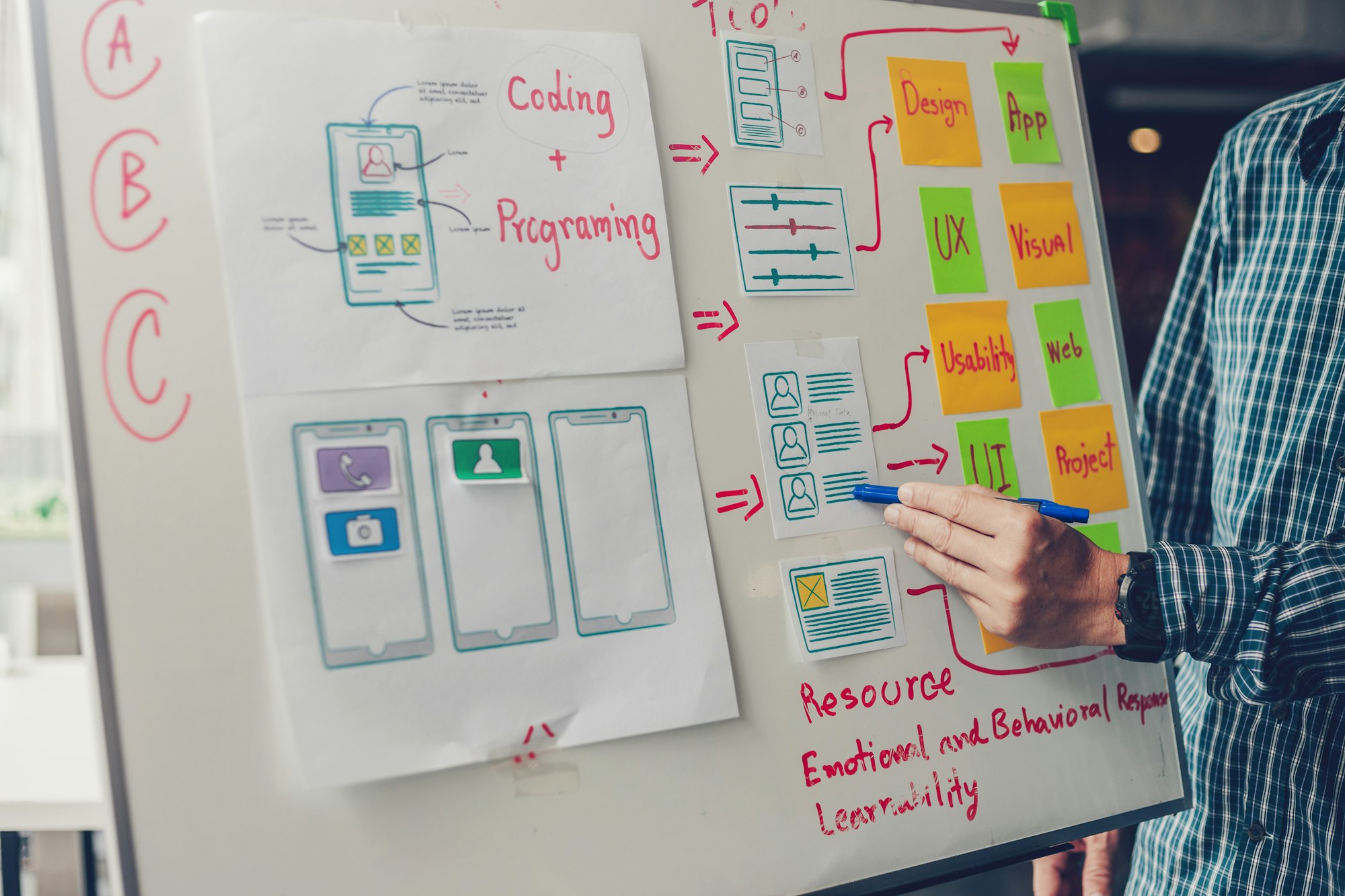 Designer team drawing website ux app development application for mobile phone.